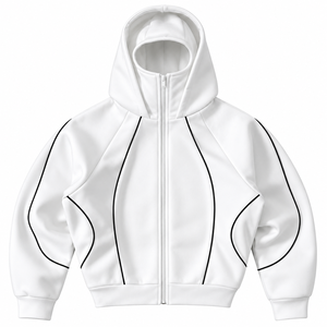 Nouveau design, vente chaude, sweat à capuche unisexe blanc avec fermeture éclair, passepoil contrastant noir, design de panneaux sculptés modernes, veste streetwear personnalisée 100% - Product Image 5
