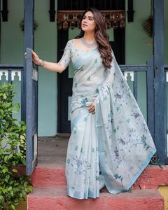 Sari Indio Premium Exclusivo de Lino y Algodón con Estampado Digital, Sari de Diseño Estilo Bollywood, Elegante Prenda Nupcial para Bodas - Product Image 3