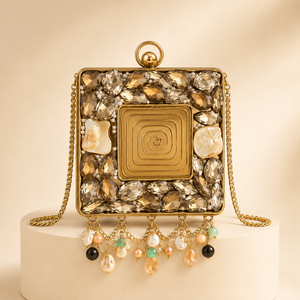 HINDVANTA GLOBAL Gold Rhinestone Pearl Lady Fashion Embroidery Beading Mini Square Clutch <b>Bag</b> Push Lock Chain Strap for All - Product Image 1