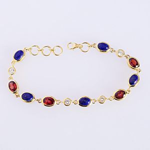 Nouveau bracelet chaîne classique en argent sterling massif 925 plaqué or 18 carats avec garnet rouge, lapis-lazuli et quartz cristallin serti clos - Product Image 2