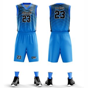 Ensemble de maillots de basket-ball de qualité supérieure, impression sublimée, col en V, sans manches, unisexe, adulte, bleu rayé, uniforme respirant - Product Image 1