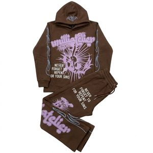 Ensemble sweat à capuche et pantalon de survêtement en coton personnalisé, coupe oversize, imprimé graphique streetwear, tenue de jogging épaisse pour hommes et femmes - Product Image 6