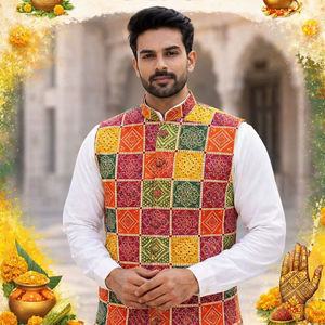 Pyjama Kurta en soie pour homme, tenue de soirée, avec Coti Bandhani lourd |   Ensemble ethnique traditionnel pour mariage et fêtes - Product Image 1