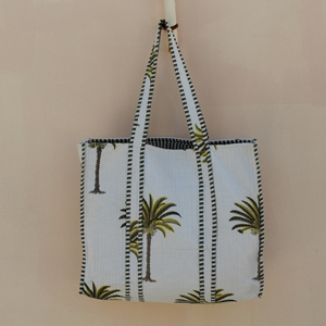 Luxury White 100% Cotton Quilted Tote <b>Bag</b> with Palm <b>Tree</b> Print Long Handle Lightweight Travel & Shopping <b>Bag</b> - Product Image 5