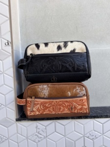 New Luxury Large Capacity Hand Tooled Leather Toiletry Organizer Women Travel Cosmetic Cowhide Leather <b>Makeup</b> Bags With Handle - Product Image 6