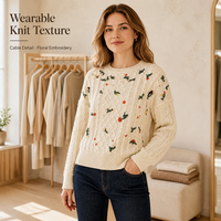 Pull en maille torsadée personnalisé pour femme, décontracté, brodé floral, col rond ample, vintage, beige, pour l'hiver, usage quotidien