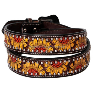 Ceinture en cuir marron personnalisée, motif tournesol, gravée et peinte à la main, style western, pour hommes et femmes - Product Image 1