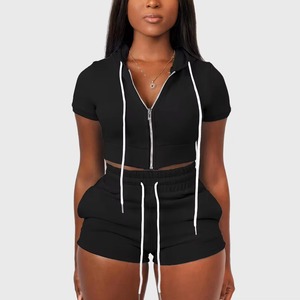 Orange Knitted Crop <b>Top</b> Set Short Sleeve Hooded Solid Color Shorts Summer Casual Wear - Product Image 2