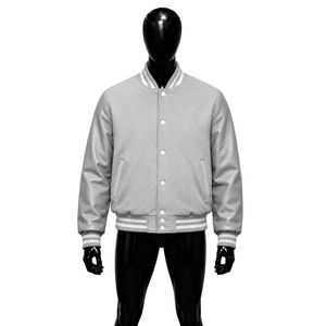 NOUVELLE PROMO Veste universitaire en laine argentée avec manches en cuir assorties, style baseball classique, fermeture à boutons-pression, col, poignets et ourlet côtelés - Product Image 1