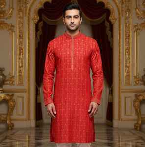 Conjunto de Kurta y Pijama de Seda Artística Premium para Hombre con Tejido Zari y Trabajo Pintex - Product Image 4