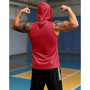 <b>Men's</b> <b>Red</b> Hooded Sleeveless Tank Top Quick Dry Sporty Fitness <b>Vest</b> Solid Color Knitted Polyester Workout Apparel - Product Image 3