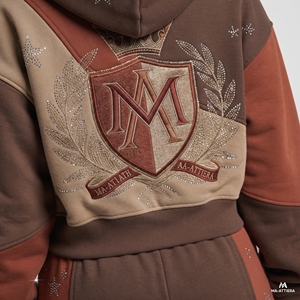 Ensemble survêtement femme marron beige patchwork avec sweat à capuche et pantalon large à motif strass, tenue streetwear personnalisée pour femme - Product Image 5