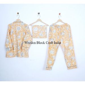 Ensemble de pyjama en coton à manches 3/4 à imprimé floral, imprimé à la main, vêtements de nuit pour femmes, couleur unie disponible, prix de gros - Product Image 4