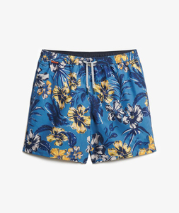 Traje de Baño para Hombre con Estampado Floral, Secado Rápido, Cintura con Cordón Ajustable, Corte Medio, Estilo Casual, Azul y Amarillo - Product Image 1