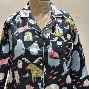 Conjunto de Pijama de Algodón Negro Estampado, Fabricante de Pijamas de Algodón con Estampado Personalizado, Manga Larga y Pantalones, Conjunto de Pijama para Mujer - Product Image 1