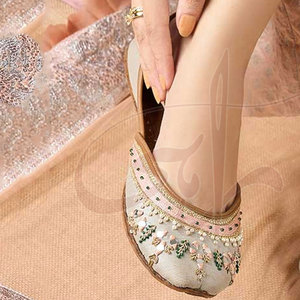 Heavy Neckline Mirror <b>Work</b> Handcrafted Formal <b>Khussa</b> Raw Silk Upper Leather Midsole Anti-Slippery High Quality - Product Image 6