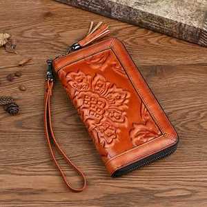 New High Quality Designer Genuine Leather Hand Tooled Florals Carved Clutch <b>Wallet</b> Vintage Multi Color <b>Lady</b> Portable Waterproof - Product Image 2