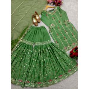 Conjunto de Fiesta para Mujer de Diseñador con Top Bordado, Sarara, Dupatta y Trabajo de Lentejuelas - Product Image 1