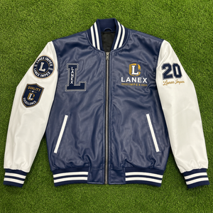 Custom Navy Blue <b>White</b> Leather Varsity <b>Jacket</b> for <b>Men</b> Classic Letterman Bomber <b>Jacket</b> with Chenille Patches OEM ODM Factory - Product Image 6