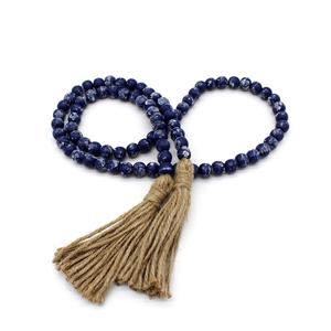 Navy Blue Distressed <b>Wooden</b> Beads Garland with Tassels Farmhouse <b>Rustic</b> Prayer Bead Wall Hanging for Home Festival Decor - Product Image 1