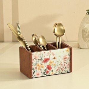 Porte-ustensiles en bois, support à couverts, organisateur de cuillères, fourchettes et couteaux, rangement pour comptoir de cuisine, support en bois rustique - Product Image 2