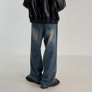 Pantalon large en jean délavé taille haute pour homme, décontracté, en coton, avec braguette boutonnée, style automne - Product Image 3