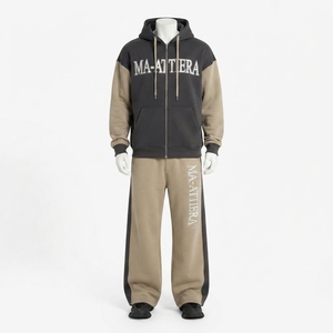 Conjunto de chándal con capucha y cremallera para hombre, en bloques de color negro y caqui, con estampado de letras, estilo urbano, sudadera con capucha y pantalones de pierna ancha - Product Image 3