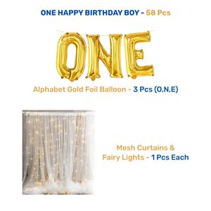 Kit de Décoration Joyeux Anniversaire ONE - Pack Combo 58 Pièces Bleu Or Blanc avec Ballons et Guirlande Lumineuse en Aluminium - Product Image 4