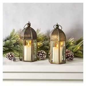 Hand Crafted Golden Lantern Pair Hexagonal Base Glass Panel Intricate Lattice Metalwork Domed Top <b>Candle</b> Warm Glow Ambient - Product Image 6
