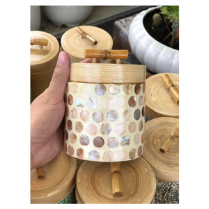 Tarro de Bambú Hecho a Mano en Vietnam con Incrustaciones de Madreperla, Diseño con Conchas, para Decoración del Hogar, Contenedor de Almacenamiento y Empaque de Regalos - Product Image 1