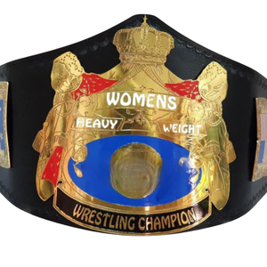 Ceinture de champion de lutte féminine en plaqué or avec centre bleu et drapeaux internationaux, sangle noire, objet de collection - Product Image 2