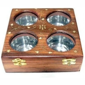 Luxury Wooden Spice <b>Box</b> Set Brass Masala Dabba Container Round Kitchen Spice Storage Organizer Holder with Brass Lid Spoon - Product Image 5
