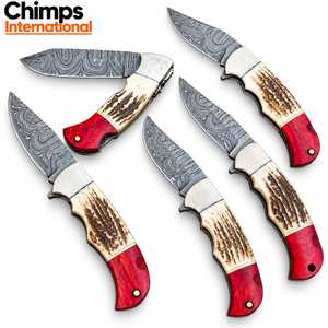 Couteau pliant artisanal Wazirabad Pakistan pour la chasse et le camping, lame en acier Damas à pointe tombante de 7 pouces, manche en bois de cerf, garantie de 3 ans - Product Image 2