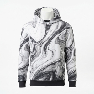 <b>Mens</b> <b>White</b> Gray Pullover Hoodie With Abstract Marble Swirl Print Custom Streetwear <b>Sweatshirt</b> - Product Image 3