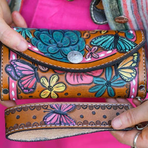 Genuine <b>Leather</b> Vintage Wristlet Clutch <b>Purse</b> Pouch Brown Wallet Carving Tooled Western Tassel Embroidery GEOMETRY Pattern - Product Image 2