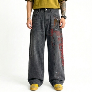 Jean ample pour homme style américain, orné de cristaux, imprimé tie-dye, coupe droite large, streetwear - Product Image 2