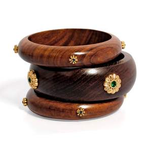 Handcrafted Vintage Sheesham <b>Wood</b> <b>Bangles</b> Gold Floral for Party Jewelry Sisso Saffron Teak Hexagonal Boho Women's - Product Image 2