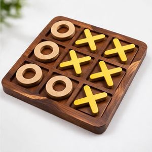 <b>Wooden</b> Tic Tac Toe Game Set With Black X And Yellow O <b>Pieces</b> Classic Carved Design - Product Image 2
