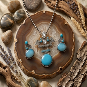 DIVYORO Women's Turquoise Teardrop <b>Statement</b> Ethnic Adjustable Brass Oxidized Silver <b>Necklace</b> and Earrings Set for Party - Product Image 2