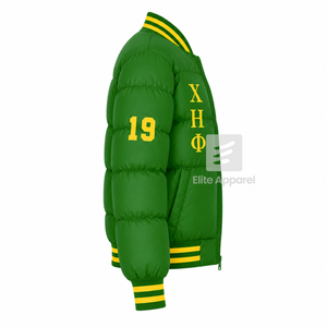 Veste matelassée personnalisée Chi Eta Phi avec logo brodé sur le devant, couleur vert et jaune, manches longues, pour femme. - Product Image 4
