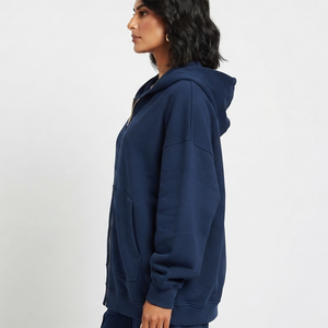 Sweat à capuche oversize pour femme, bleu marine, en molleton de coton épais 420 GSM, avec fermeture éclair frontale personnalisée, streetwear décontracté de haute qualité - Product Image 6