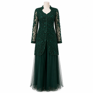 Luxury Modern Emerald Green Beaded Mermaid Evening Gown Jacket Women | Floor-Length Long Sleeve Formal Party Wedding Dress - Product Image 1