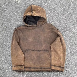 Streetwear 100% Cotton Hoodie Custom Men Heavyweight Oversized Vintage Acid <b>Wash</b> Distressed Raw Hem Premium Quality OEM ODM - Product Image 4