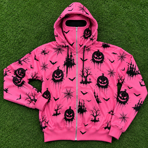 Sudadera con capucha rosa personalizada de Halloween con cremallera completa y estampado integral de calabazas, murciélagos, telarañas y castillos embrujados, sudadera extragrande para mujer - Product Image 6