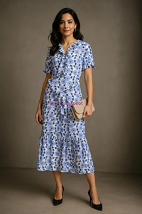 Vestido Maxi Azul con Estampado Floral, 100% Algodón, Elegante, con Volantes, Cuello en V, Estilo Casual, Corte en A, Moda Artesanal para Mujer - Product Image 4