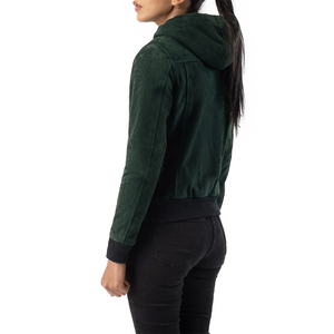 <b>Women's</b> Green Suede <b>Leather</b> <b>Moto</b> <b>Jacket</b> With Zipper Front Full Sleeve Stand Collar Autumn Outerwear Winter Season - Product Image 2