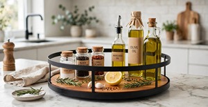Bandeja Redonda Moderna de Madera de Acacia con Marco de Metal Negro, Plato Giratorio Decorativo Lazy Susan para Cocina y Comedor - Product Image 2