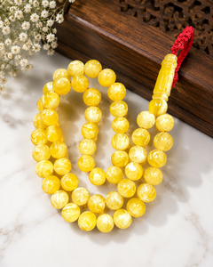 Handmade Amber Prayer Beads Round Yellow Buddhist <b>Rosary</b> Religious Jewelry with Red Tassel 55 Beads - Product Image 1