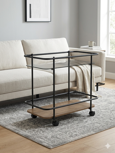 Modern Rolling Coffee Table Metal <b>Frame</b> Glass Top 2 Tier Serving Trolley Wood Base for Living Room Dining - Product Image 4