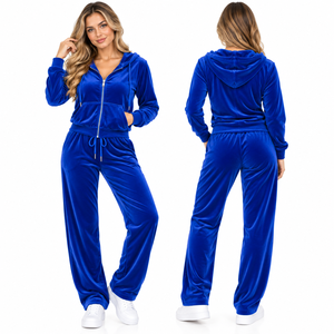 Conjunto Deportivo de Terciopelo Azul para Mujer, con Capucha, Corte Holgado, Informal, de 2 Piezas, Manga Larga, Pantalones Deportivos de Terciopelo - Product Image 1